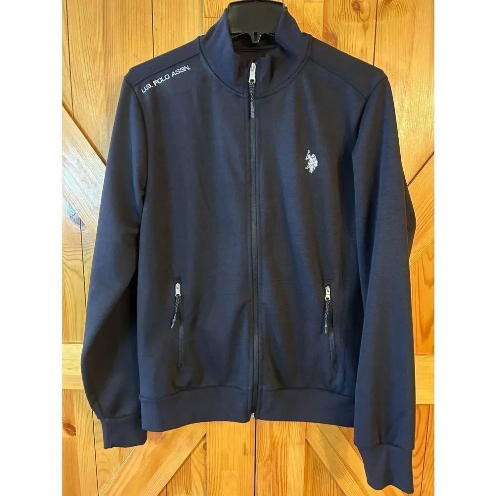 U.S. Polo Assn. Black Full Zip Track Jacket Embroidered Logo Pockets Size Medium